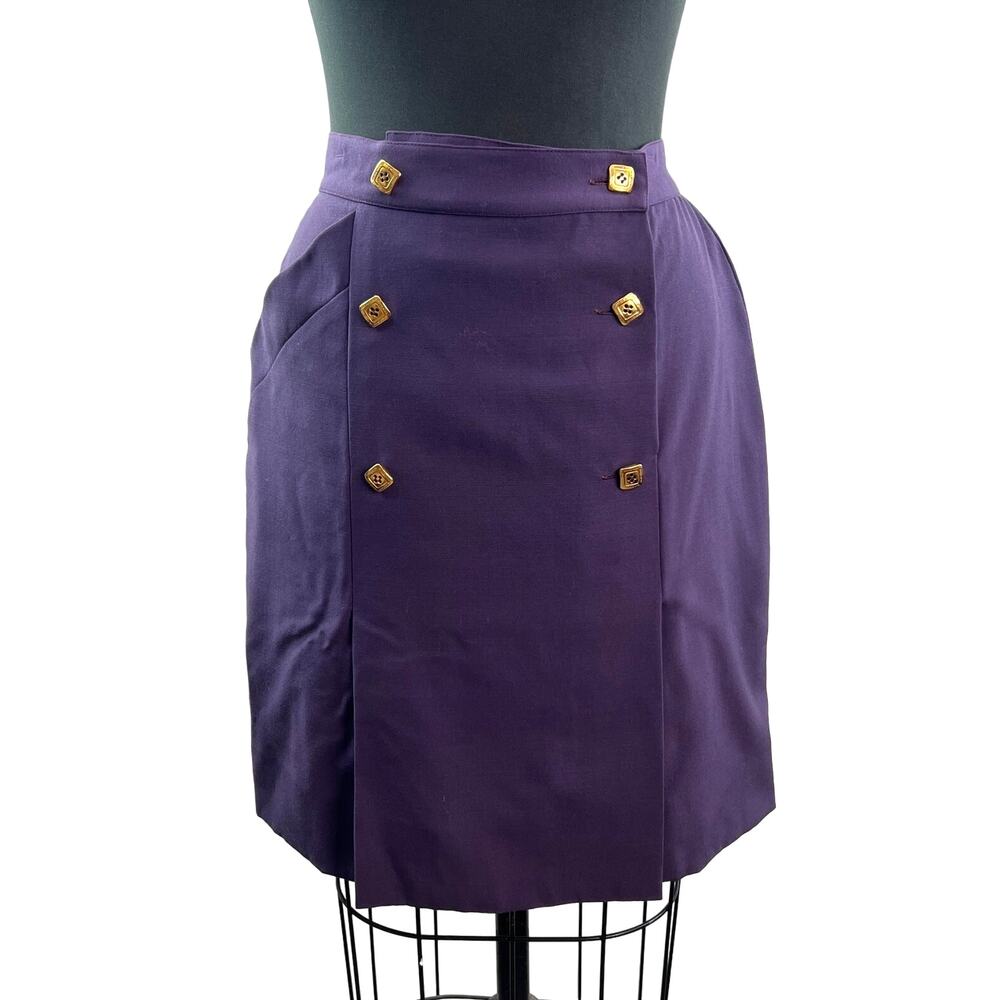 VINTAGE Hanae Mori Purple Pencil Skirt Wool Gold Button Knee Double Split 40